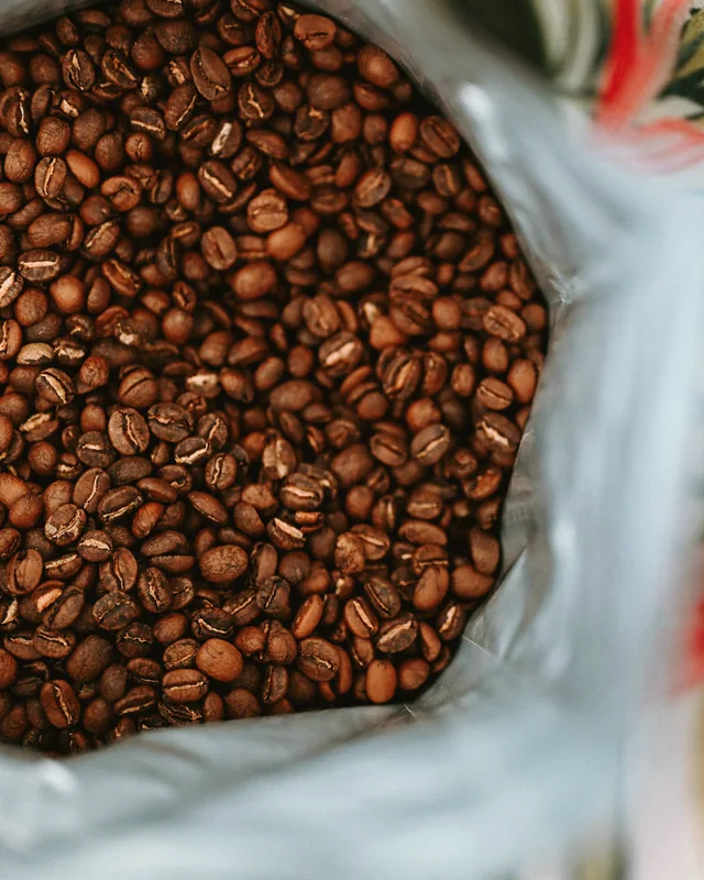 Freshly roasted coffee beans, roasted in house